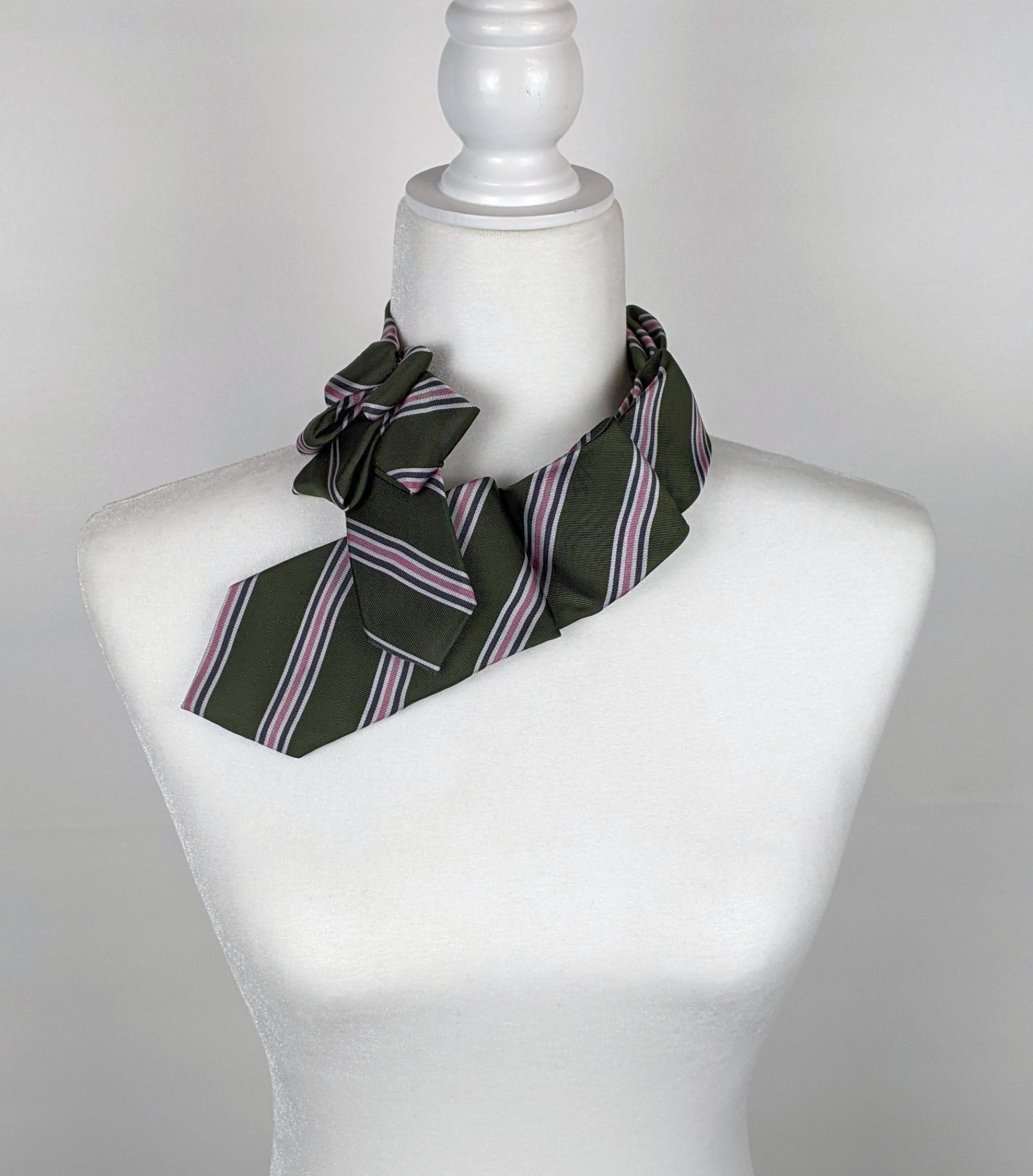 Olive Green Women's Ascot Scarf IWith Pink Stripes