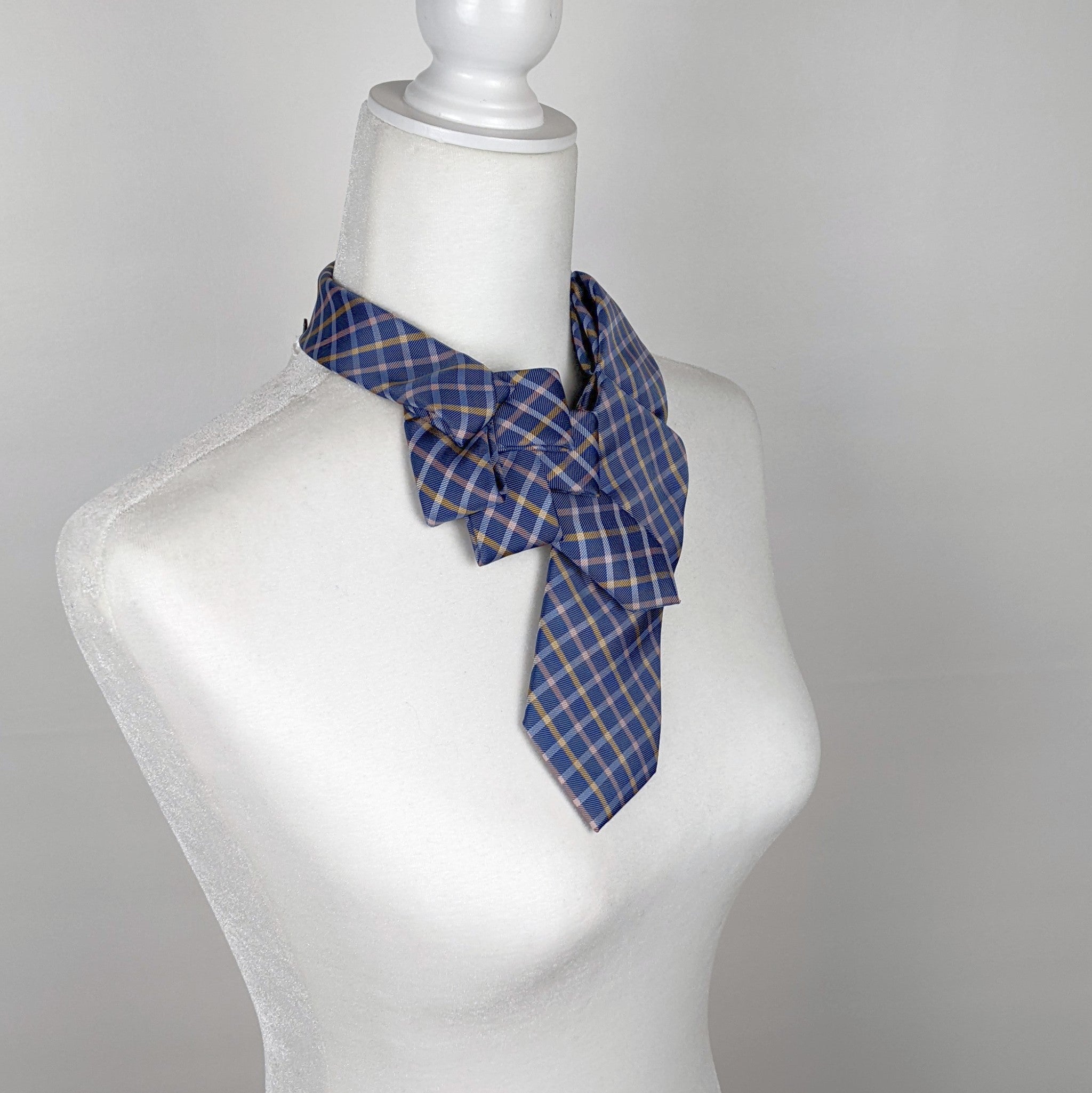 Women's Skinny Ascot Scarf In Blue Gold And Pink Plaid