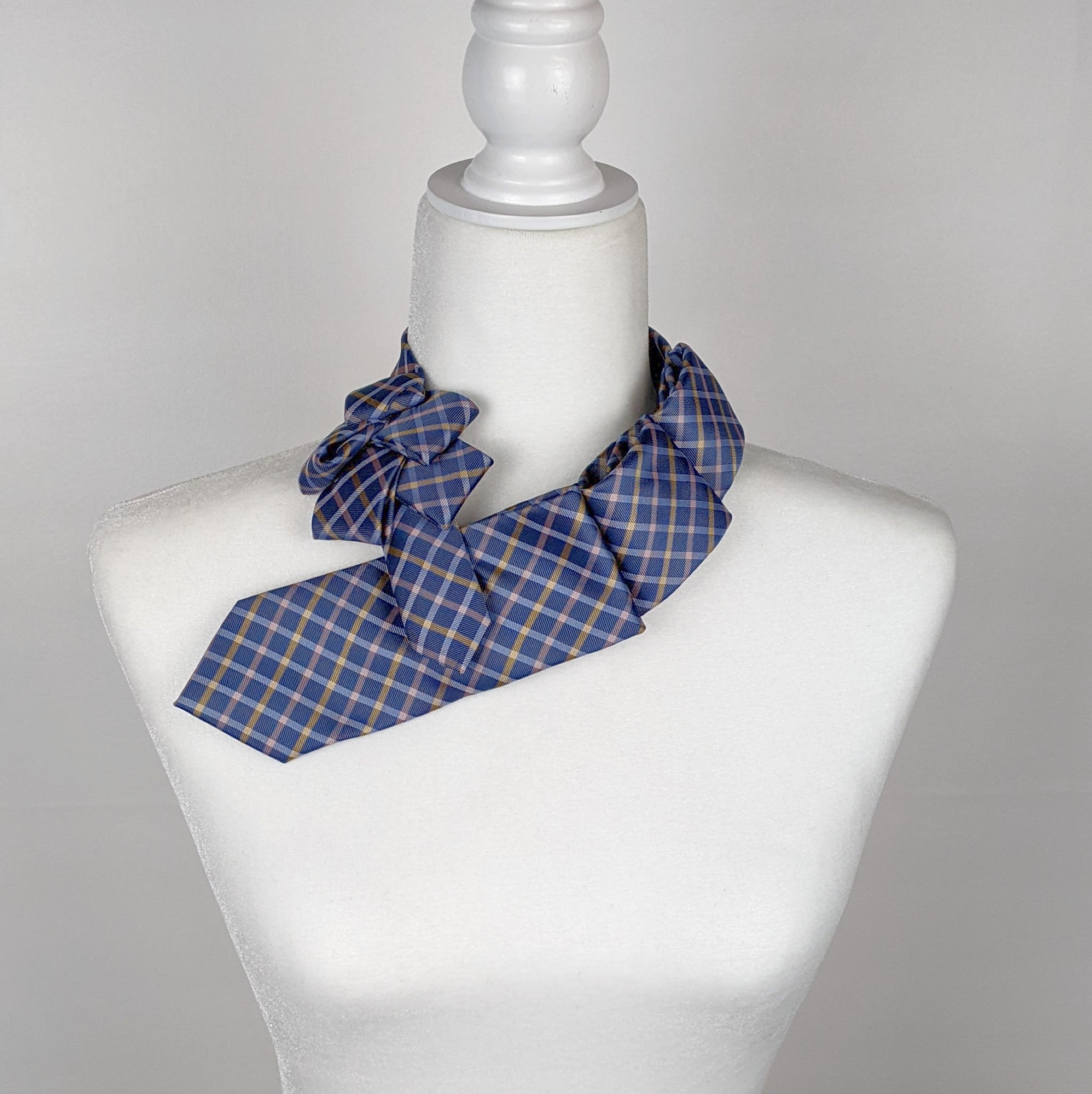 Women's Skinny Ascot Scarf In Blue Gold And Pink Plaid