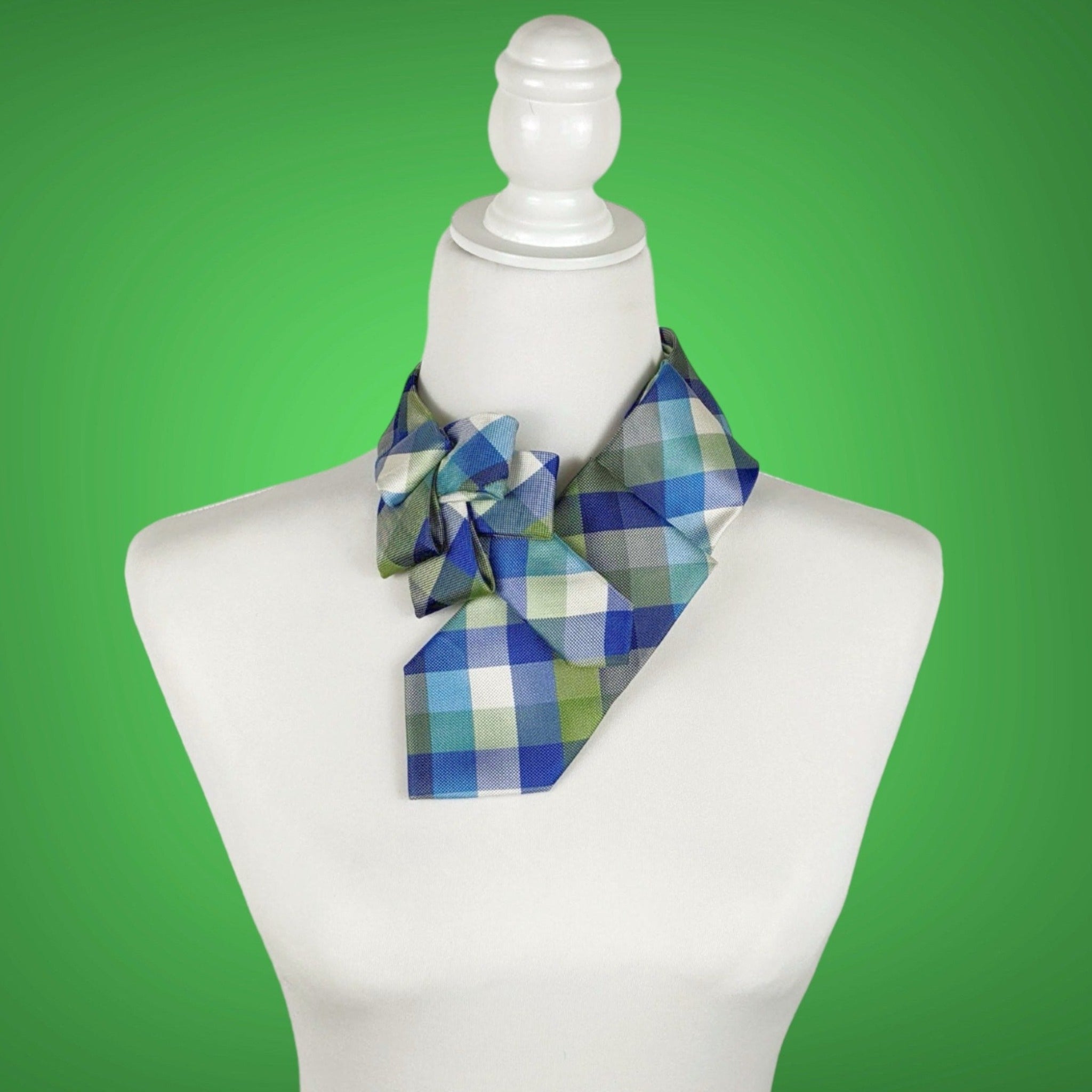 green and blue check ascot scarf