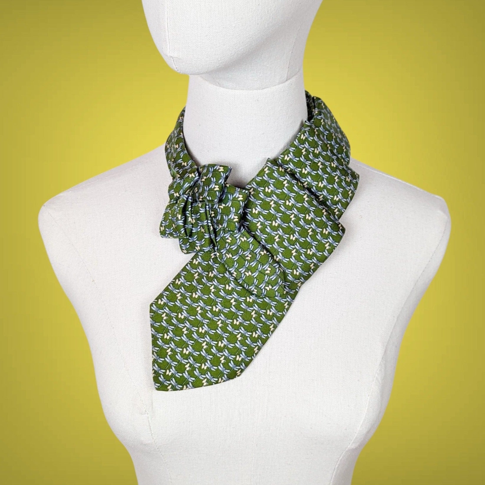 Green pleated ascot in green with dragonflies and butterflies