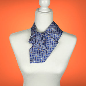 Women's Ascot Scarf In Sky Blue With Blue And Orange Foulard Print.