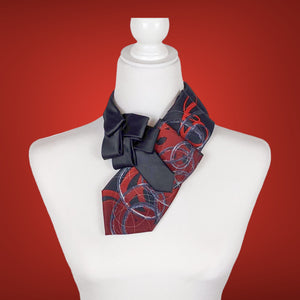 Ascot Scarf In Black With A Red And Grey Swirl Abstract Print.