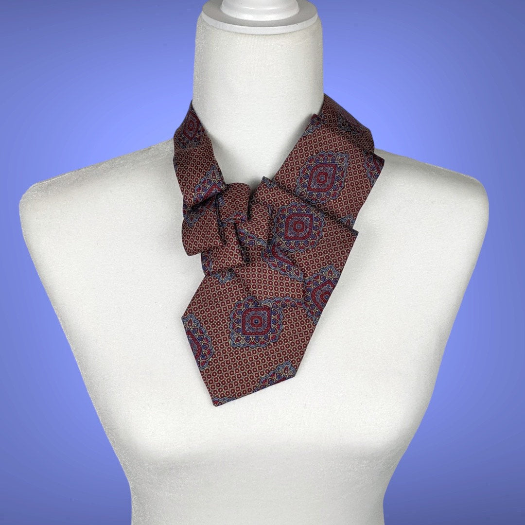 Women's Ascot Scarf In Red With A Large Blue Print.