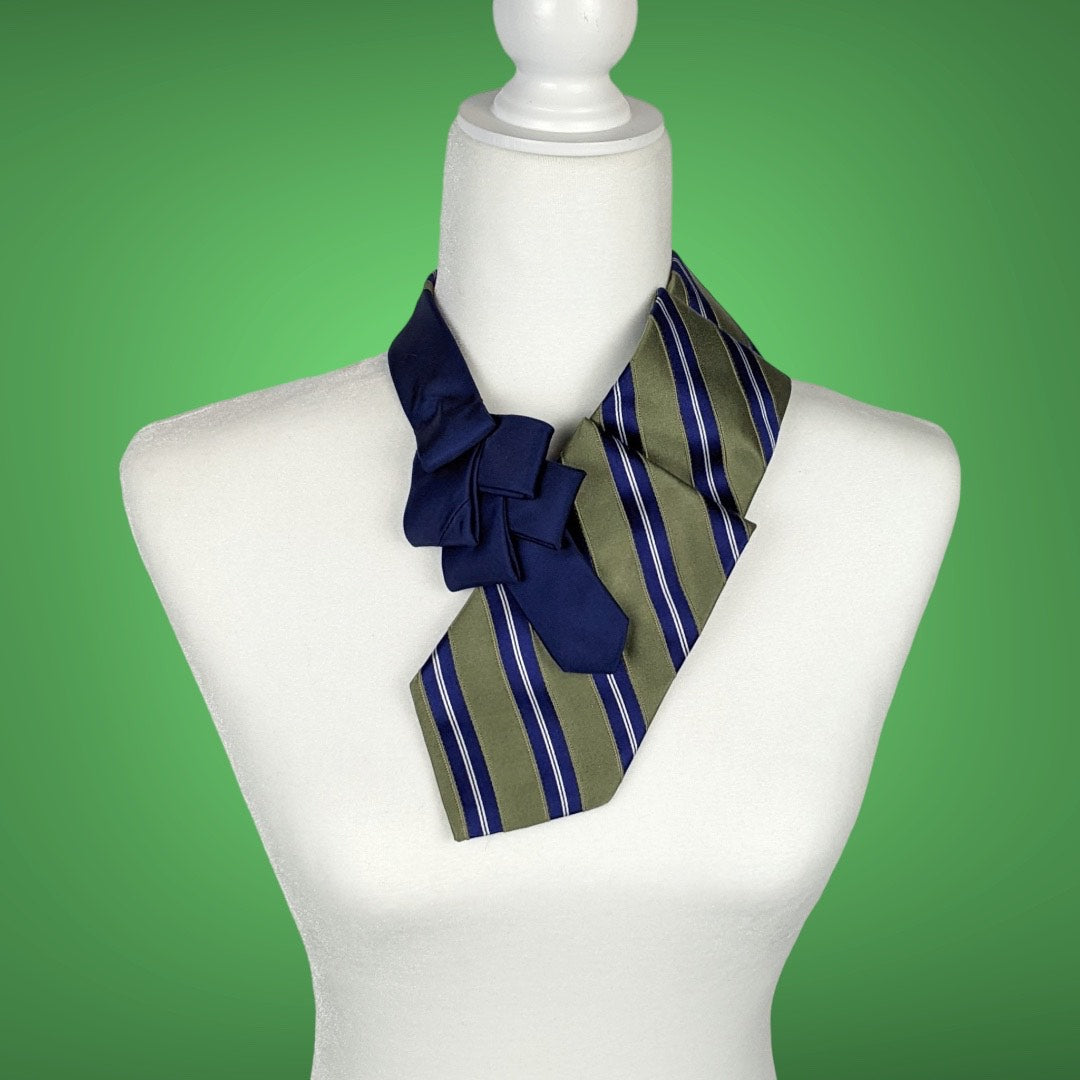 Women's Ascot Scarf In Green And Blue With A Striped Print