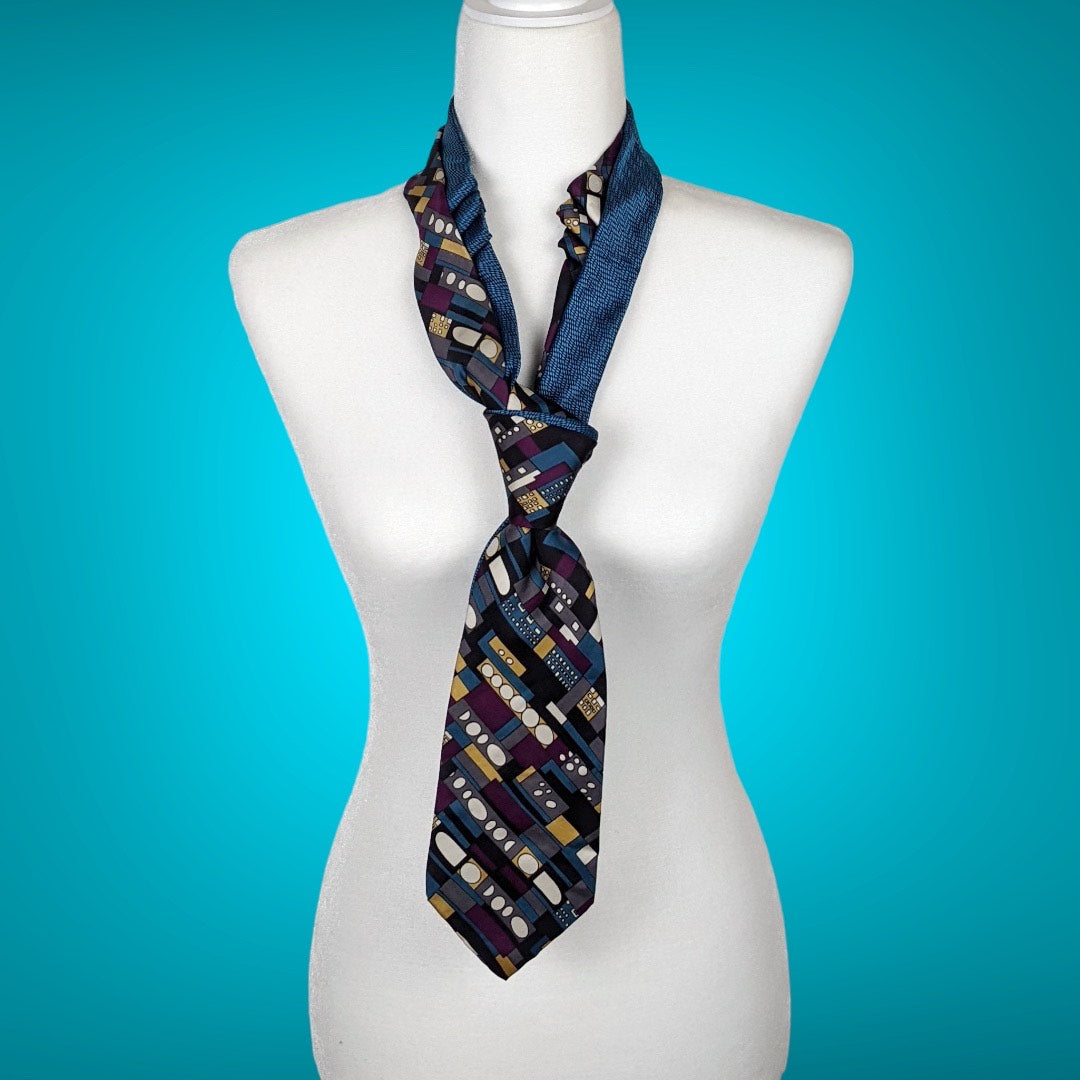 Double Necktie In Teal, Wine And Grey Geometric Print
