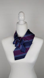 Load and play video in Gallery viewer, Women&#39;s Ascot Scarf Made From A Vintage Navy And Purple Striped Necktie.
