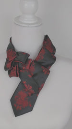Load and play video in Gallery viewer, Women&#39;s Skinny Black Ascot Scarf With A Red Rose Print.
