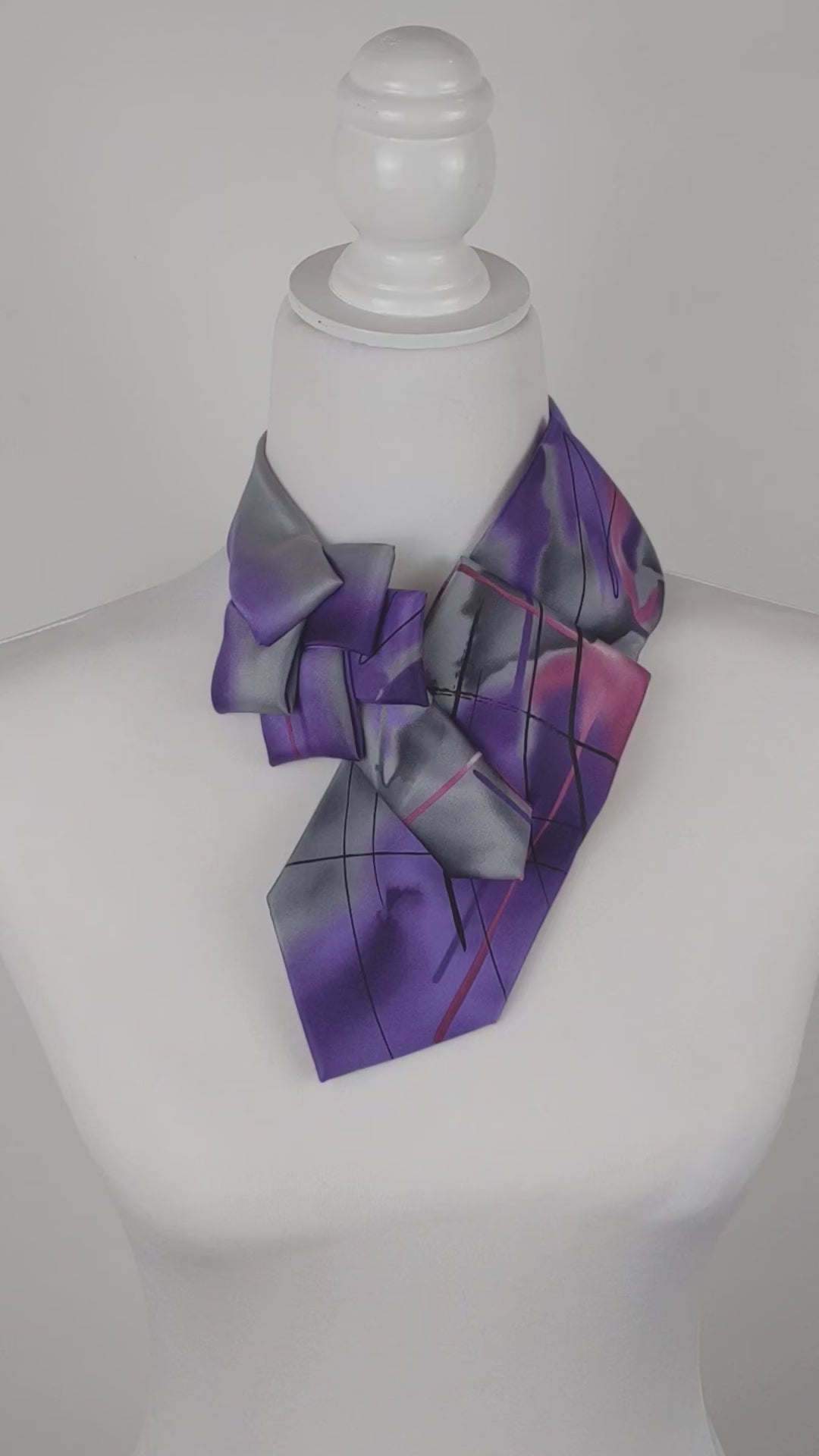 Ascot Scarf In A Purple, Grey And Pink Abstract Print