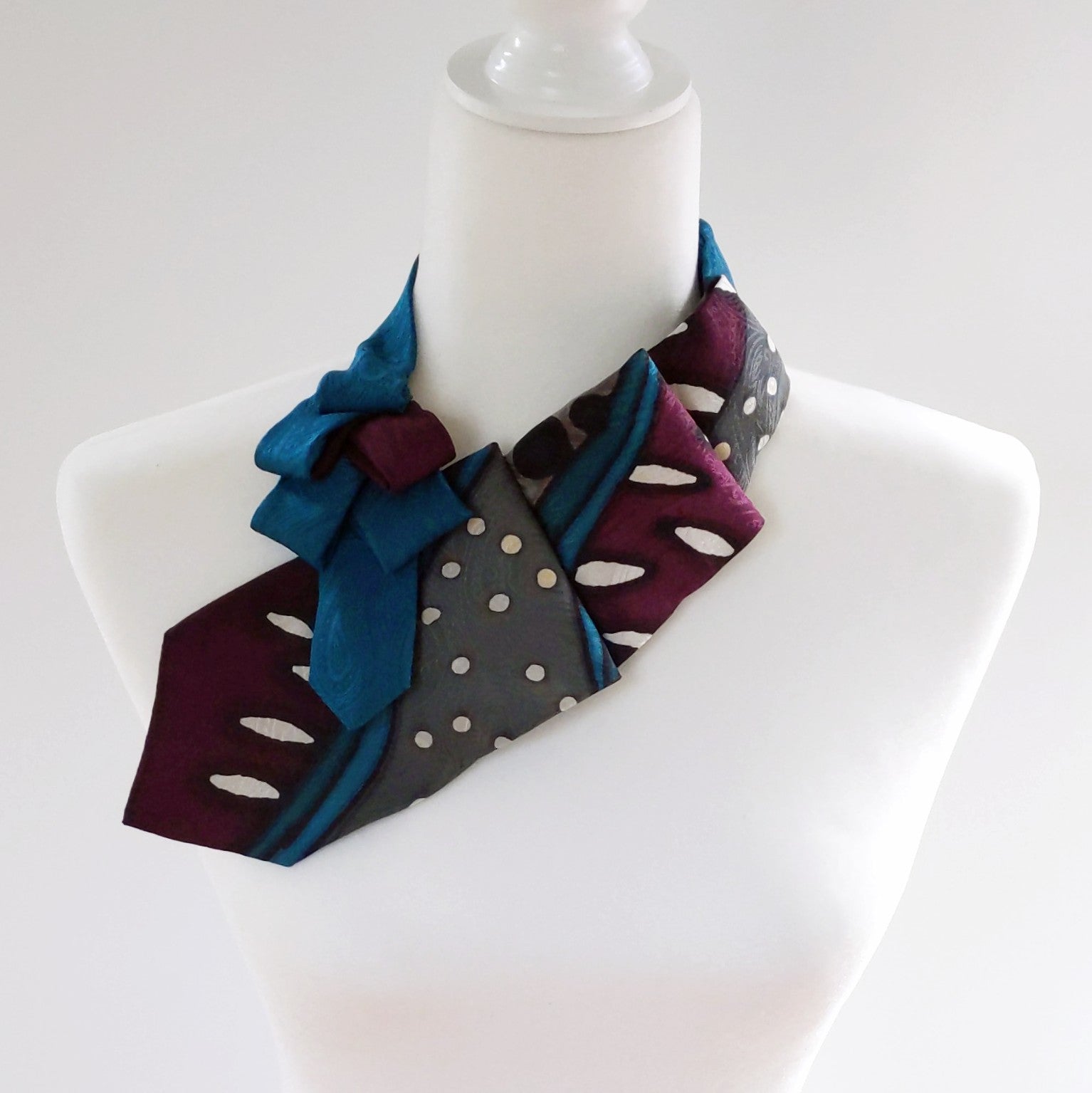 Ascot Scarf In Teal ,Grey And  Plum Abstract Print.