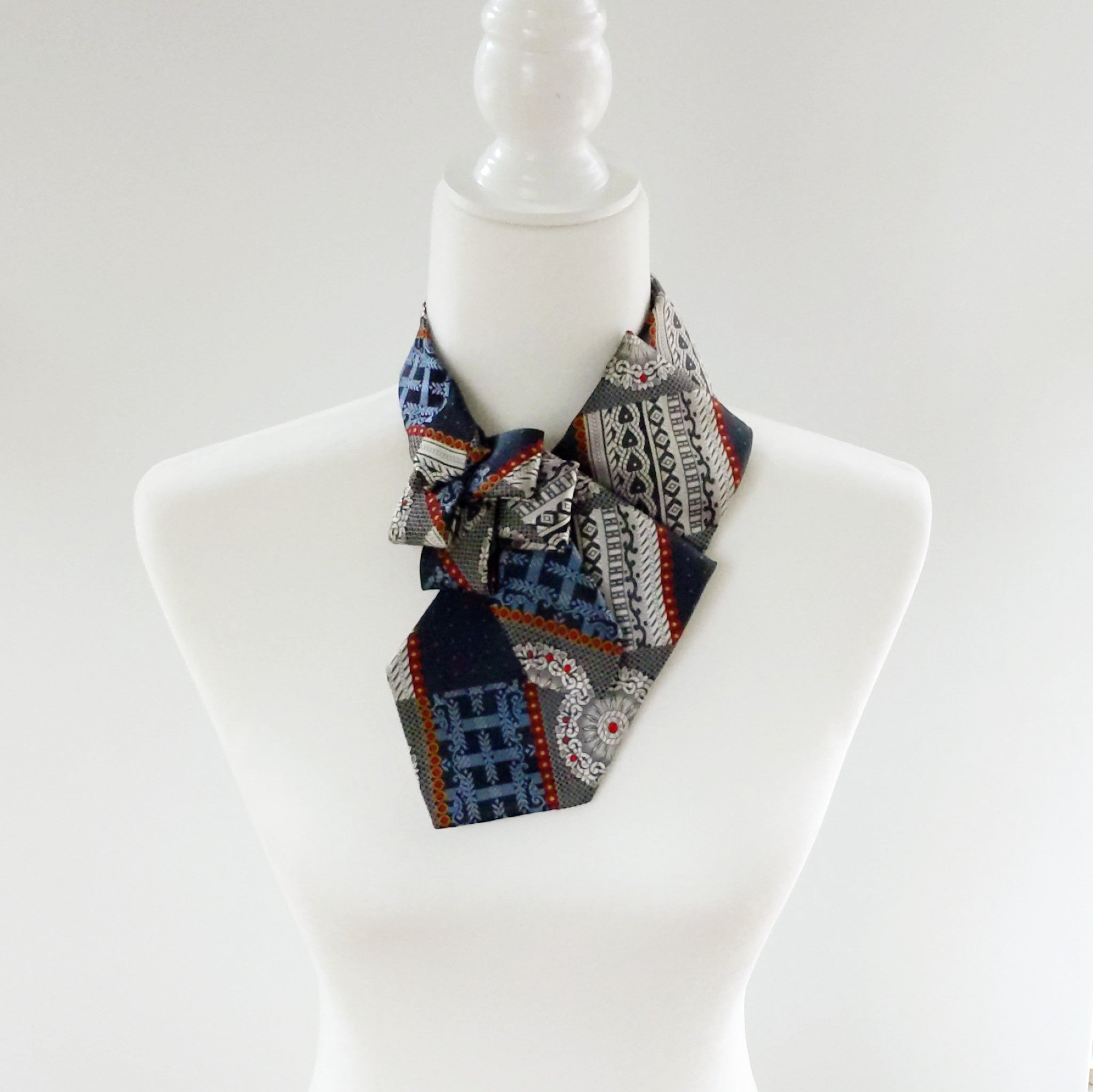 Ascot Scarf In Grey Patchwork Print.
