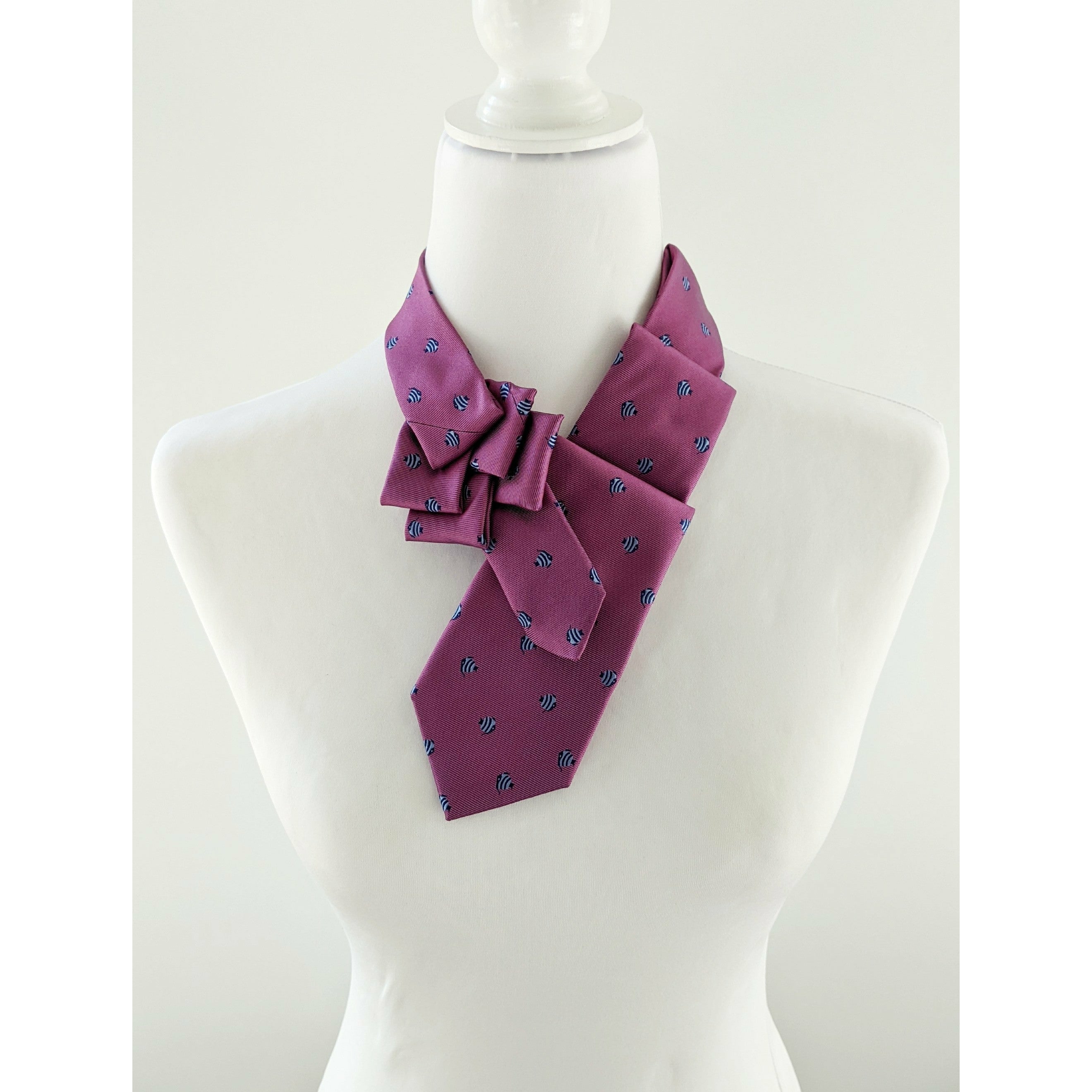 Women's Skinny Ascot Scarf In Magenta With Fish Print.