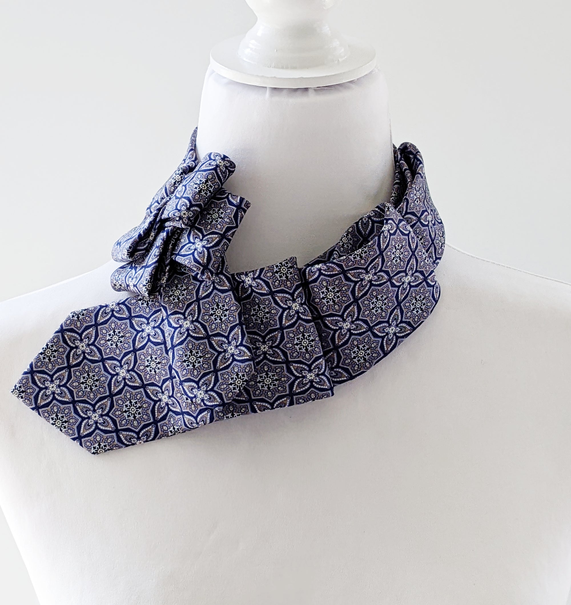 Ascot Scarf In Navy And Lilac Geometric Print