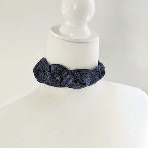 Structured Choker Made From Vintage Retro Necktie In Blue With Black Print