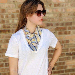 Ascot Scarf In Gold And Blue Geometric Print.