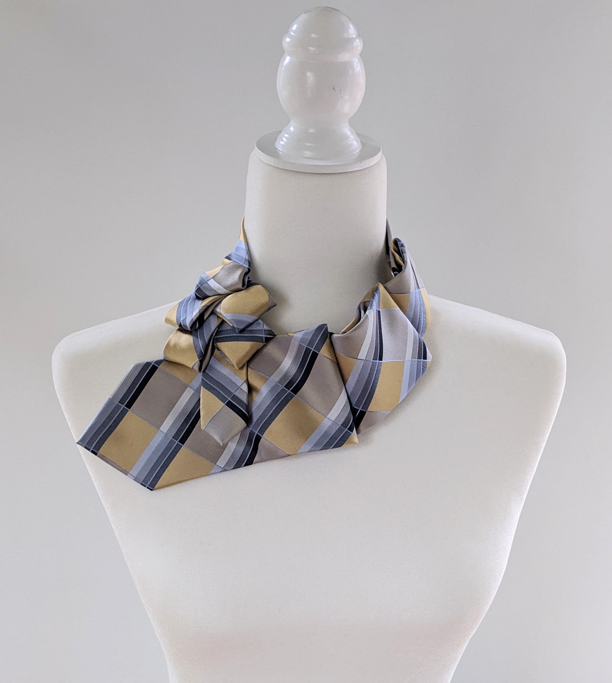 Ascot Scarf In Gold And Blue Geometric Print.