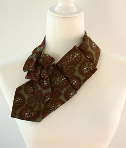 Women's Ascot Scarf Made From A Vintage Necktie With Green And Brown Paisley Print.