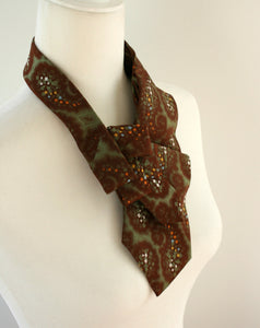 Women's Ascot Scarf Made From A Vintage Necktie With Green And Brown Paisley Print.