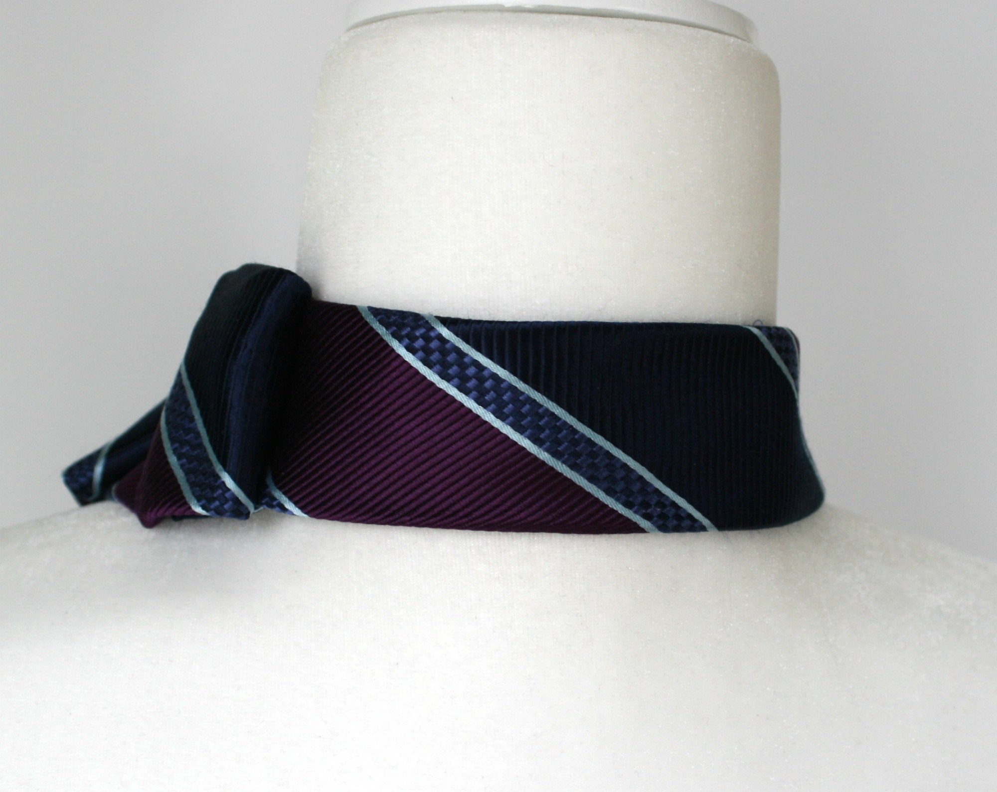 Women's Ascot Scarf Made From A Vintage Navy And Purple Striped Necktie.
