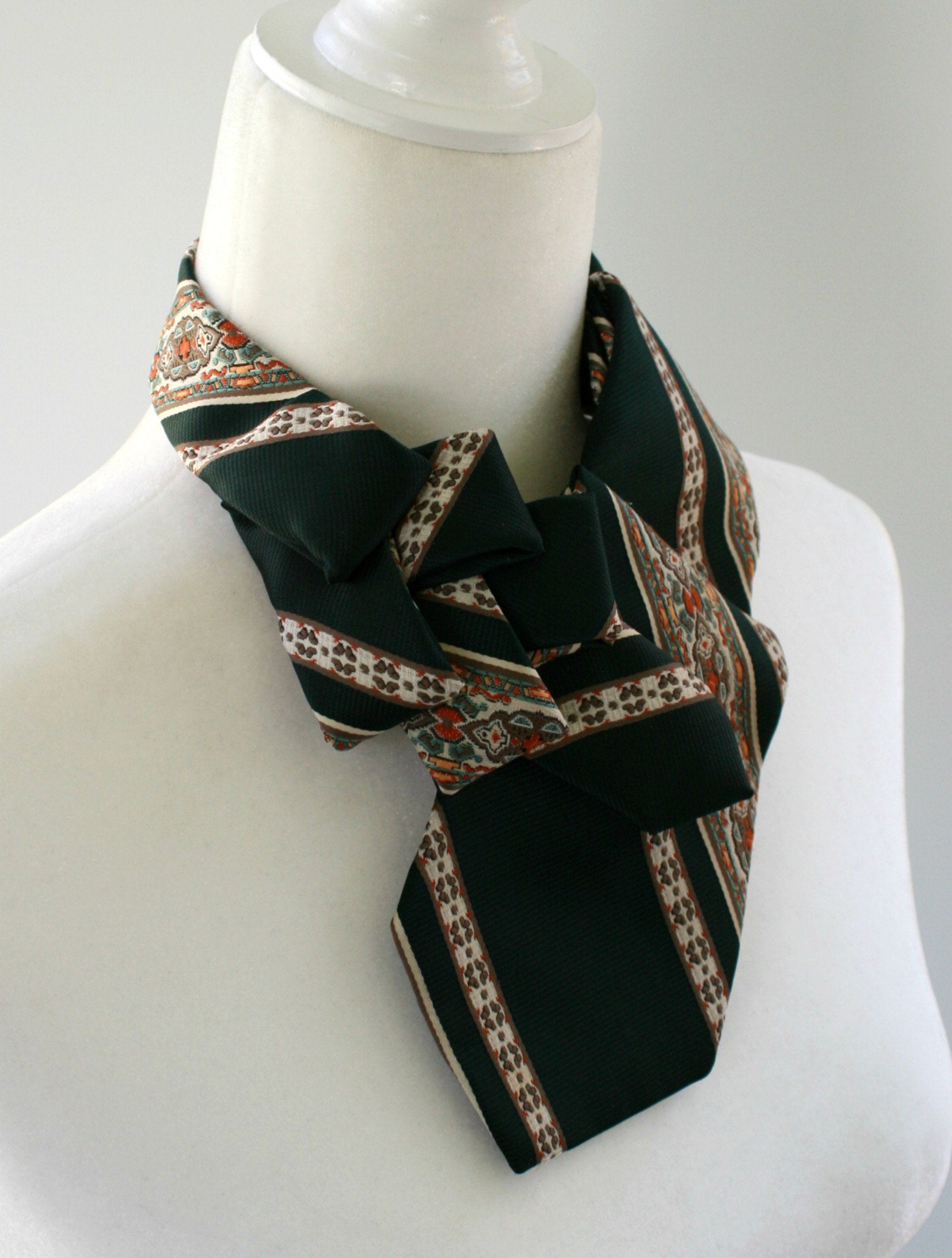 Women's Ascot Scarf Made From A Vintage Necktie In Dark Green And Beige.