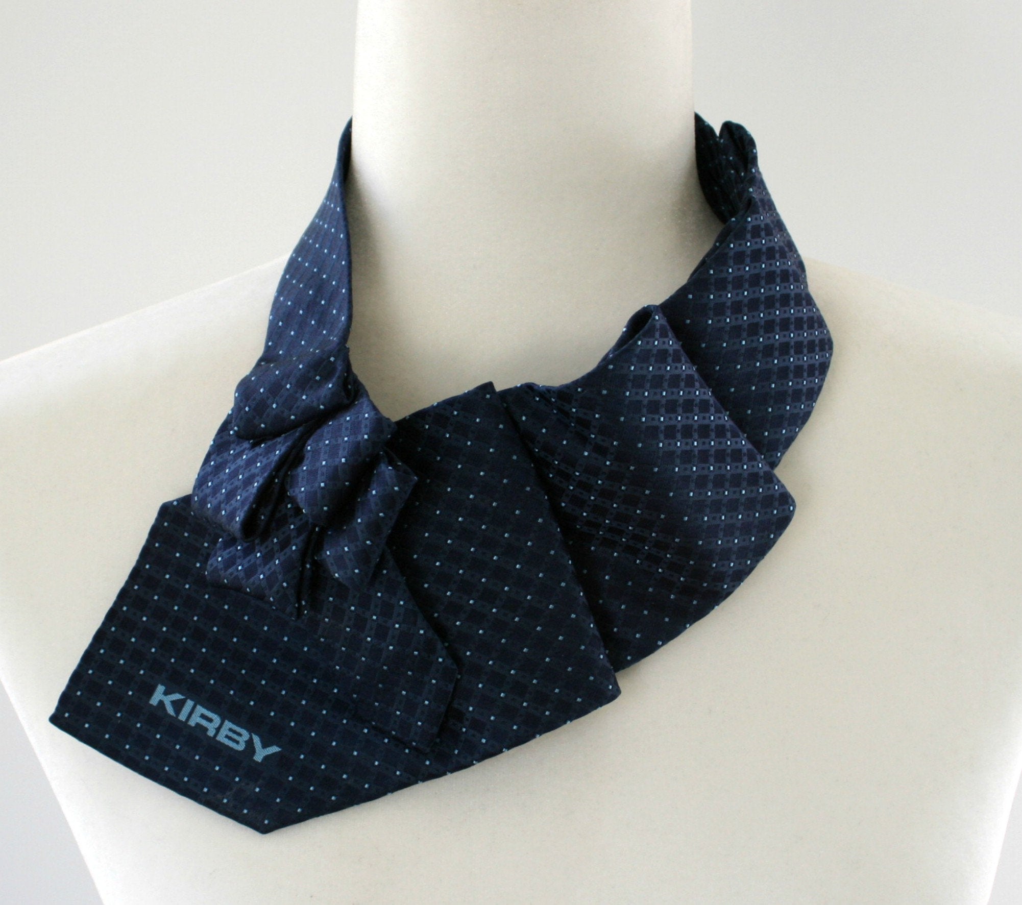 Women's Ascot Scarf In Navy Blue With A Polka Dot Print.