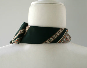 Women's Ascot Scarf Made From A Vintage Necktie In Dark Green And Beige.