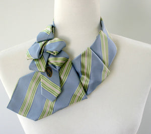 Women's Ascot Scarf In Sky Blue With Cream And Green Stripes.