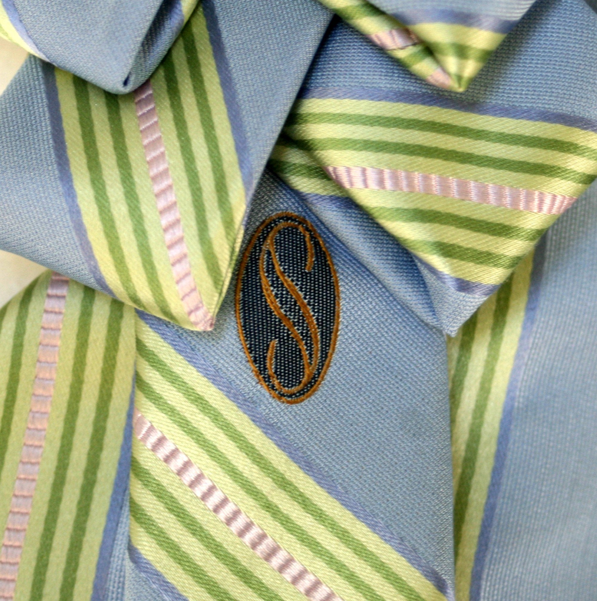 Women's Ascot Scarf In Sky Blue With Cream And Green Stripes.