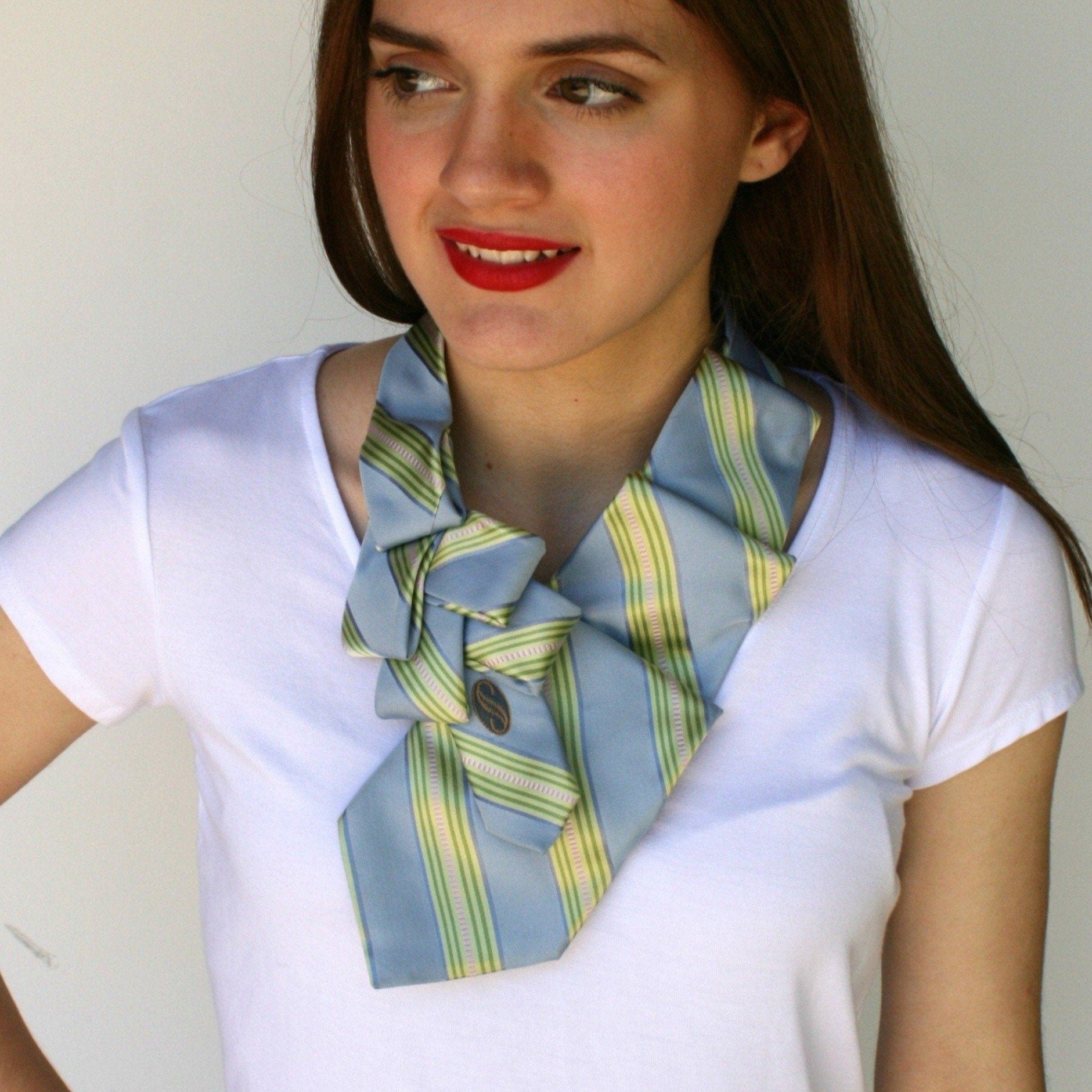 women's ascot scarf sky blue green stripes