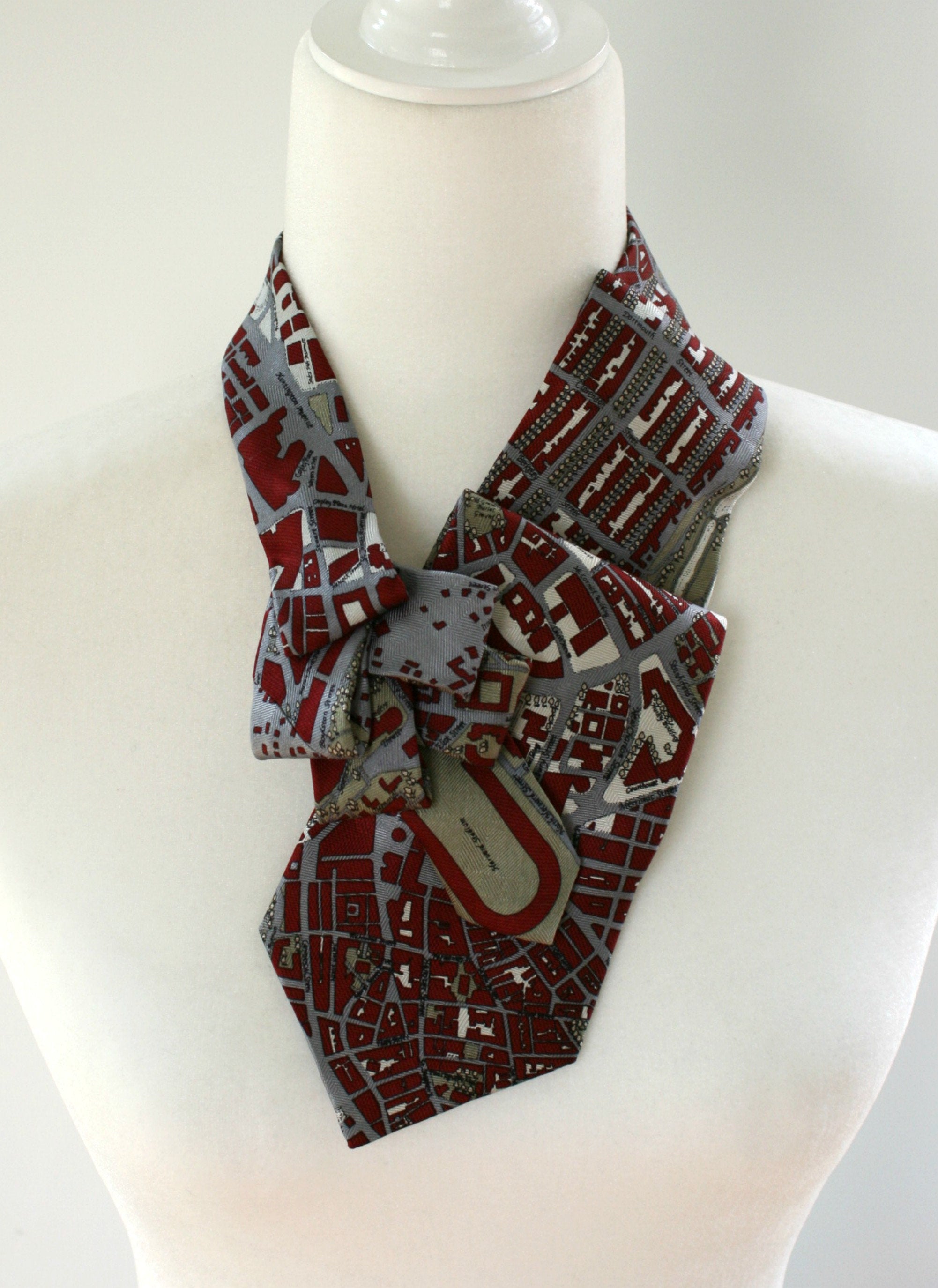 Women's Ascot Scarf Made From Necktie With Boston Map Print.