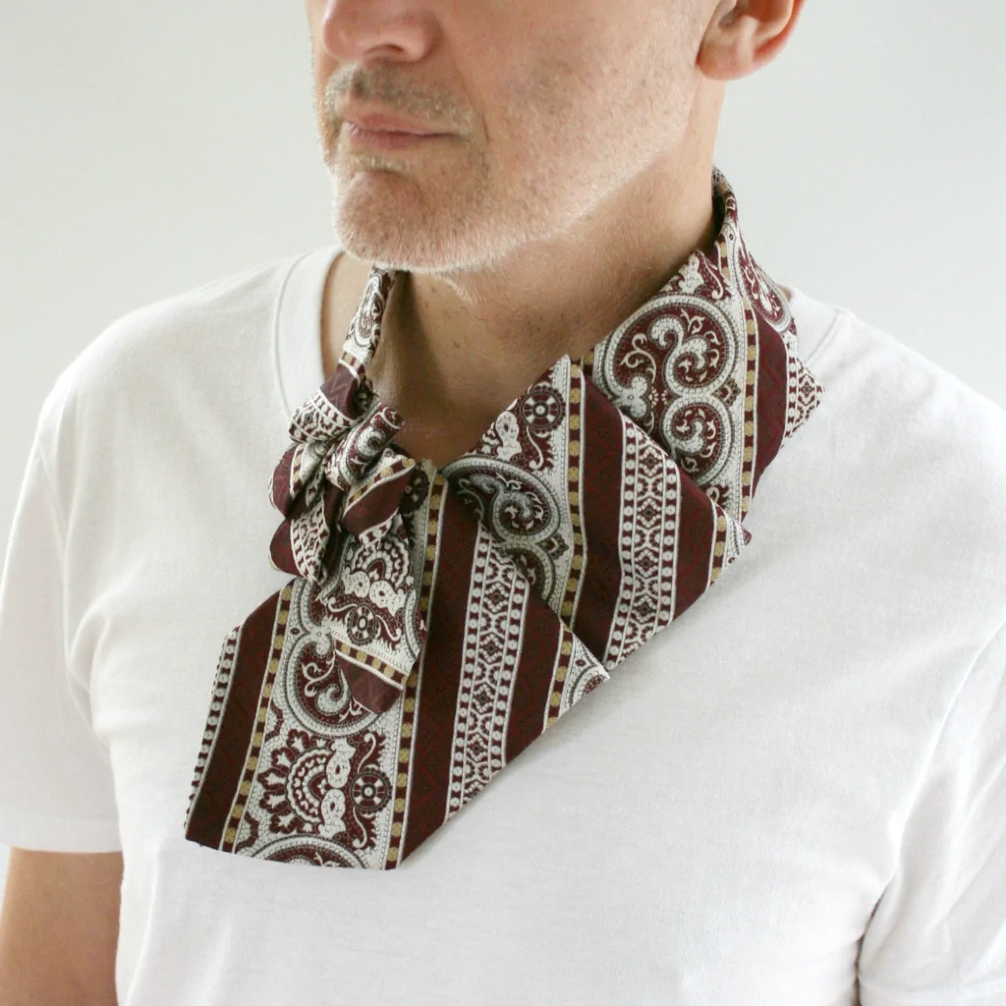 Men's Ascot In Burgundy With Patterned Stripe.